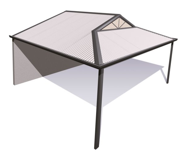 3D model of a backyard steel patio shelter.